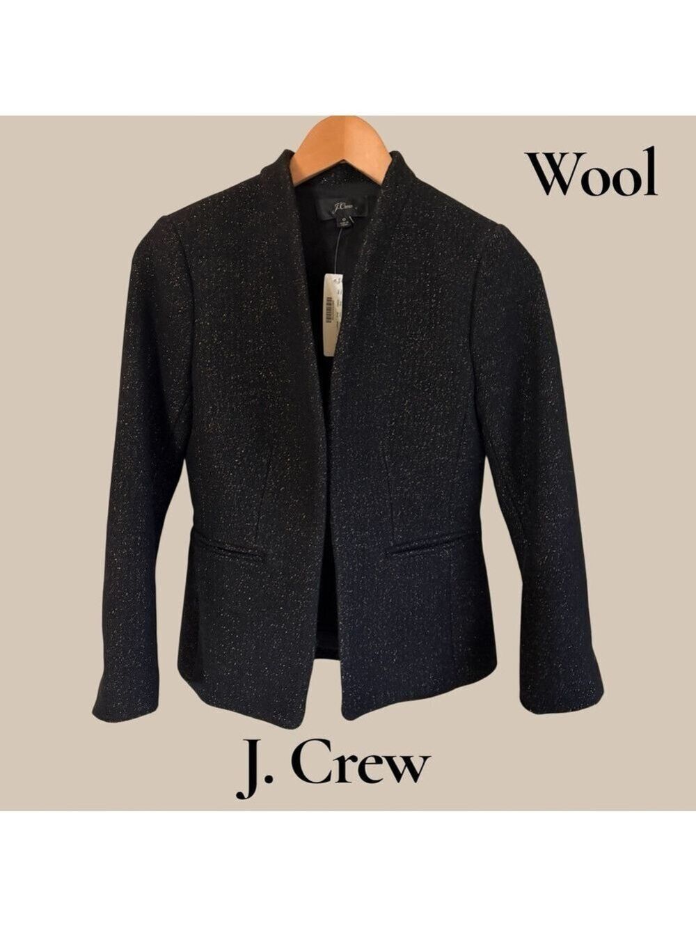 J. Crew Black Sparkle Wool Open-Front Blazer. Pockets/Lined. Size 0. New w/tags! - Picture 9 of 17